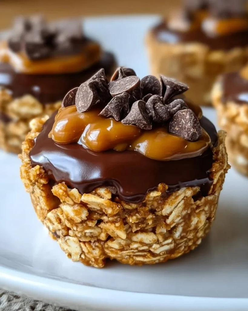 No bake peanut butter granola cups stacked on a plate