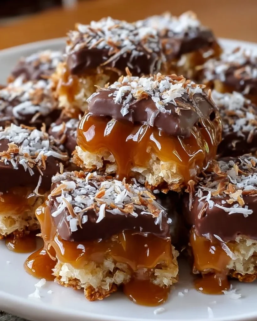 Delicious no-bake Samoa Cookie Bites with chocolate and coconut topping