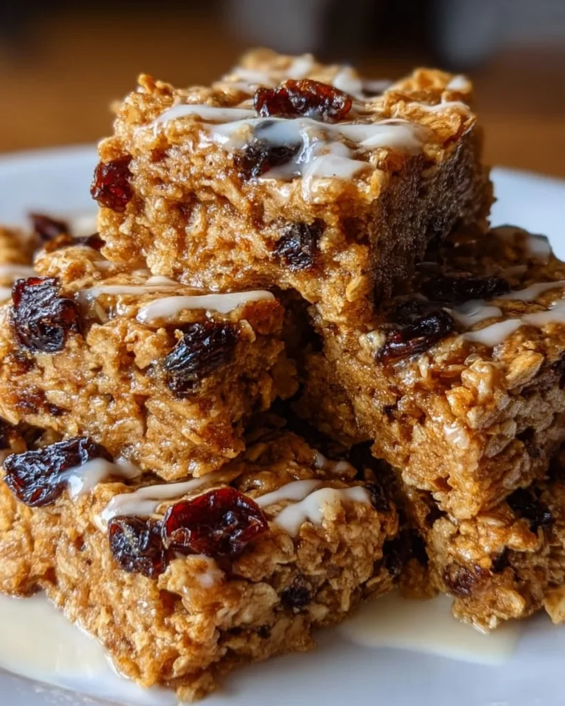 Homemade oatmeal raisin bars with a golden crust and plump raisins