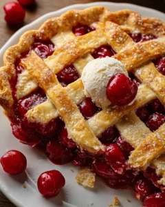 Slices of Old-Fashioned Poor Man's Cherry Pie with fresh cherries on a plate.