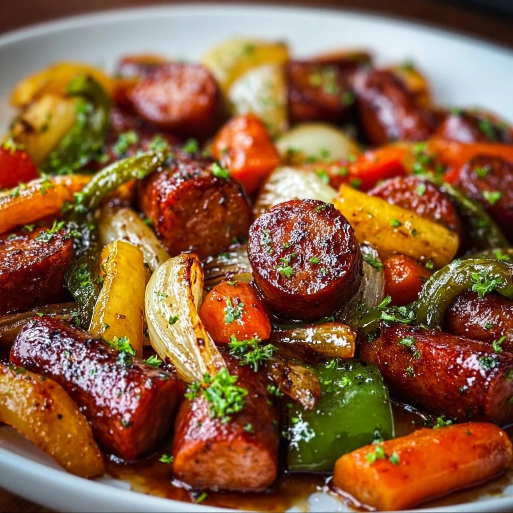 One-pan honey garlic kielbasa with colorful vegetables