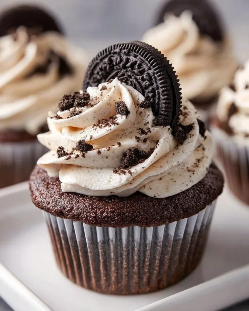 Delicious Oreo Cupcakes topped with creamy frosting and Oreo cookie pieces