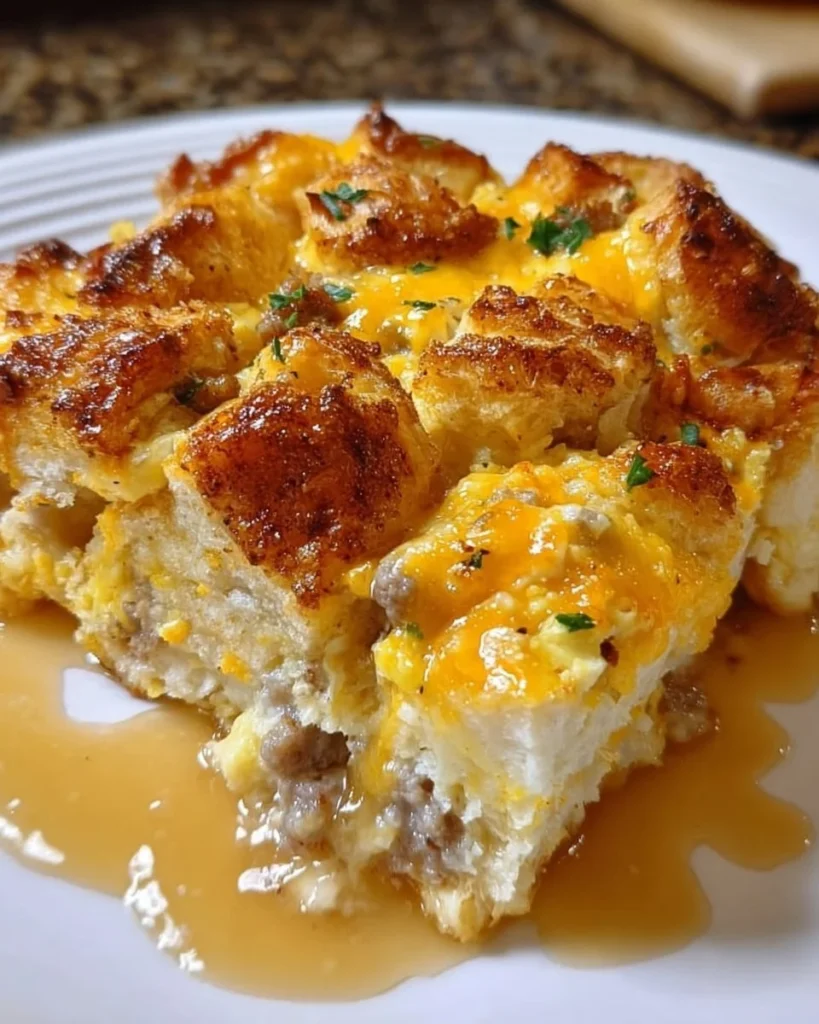 Delicious Overnight Croissant Casserole Bake topped with savory gravy.