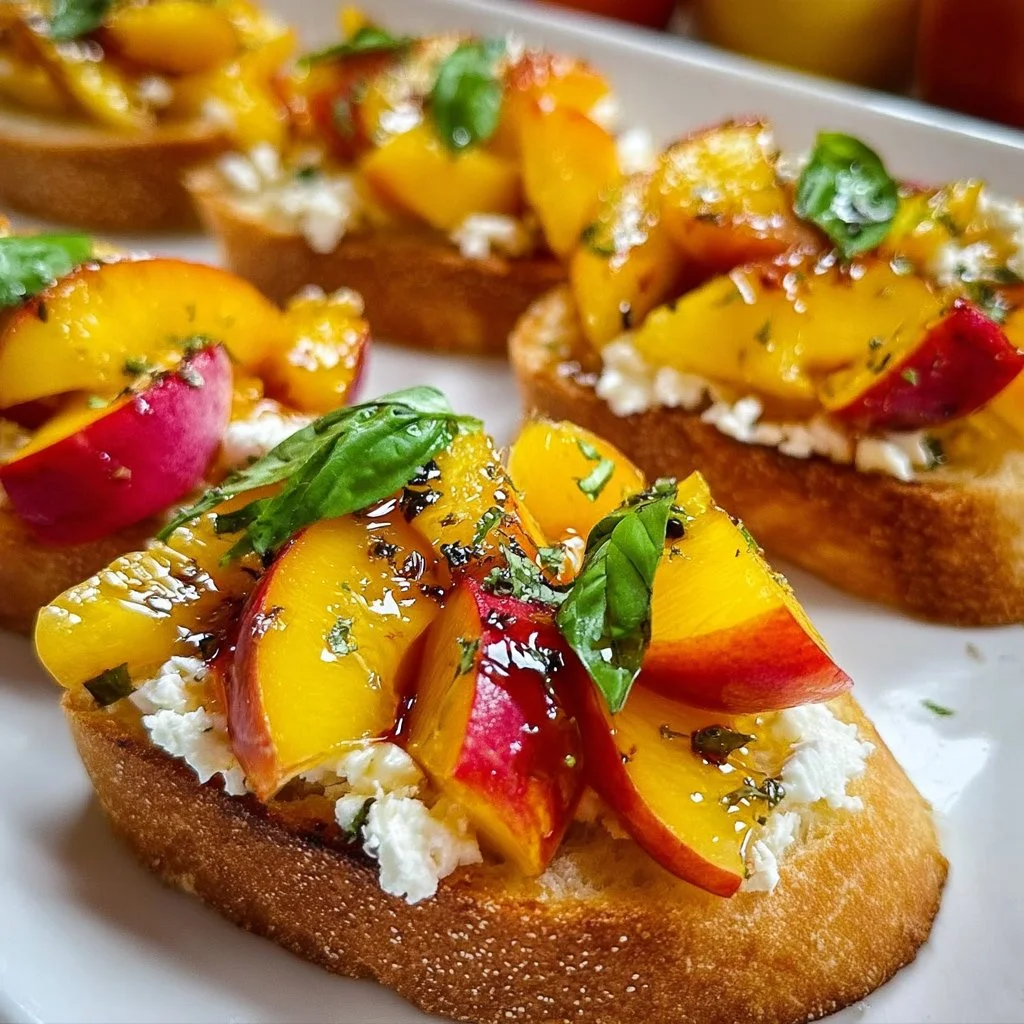 Delicious Peach Bruschetta with Goat Cheese and Drizzled Honey on Toast