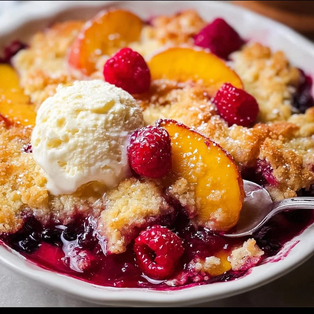 Delicious peach cobbler with raspberries served in a baking dish