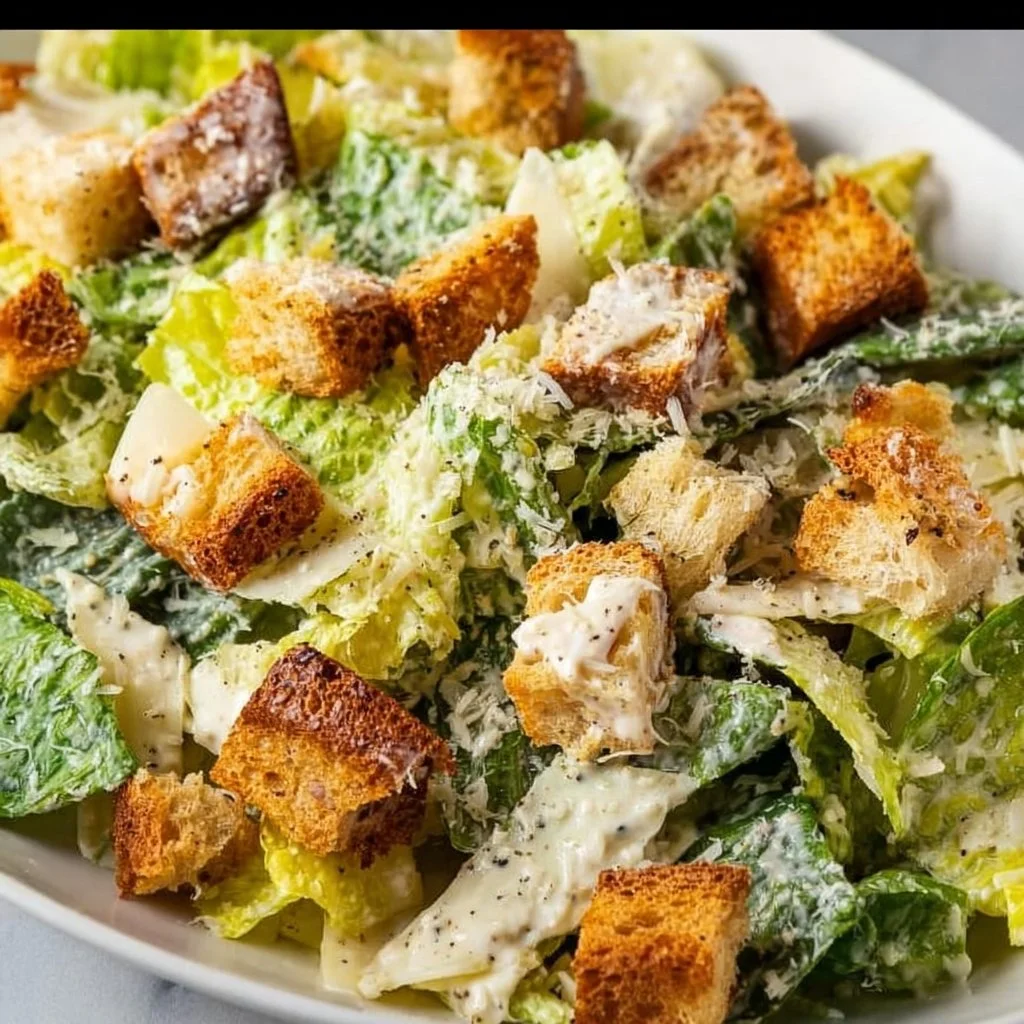 Homemade Caesar salad with garlic croutons and creamy dressing