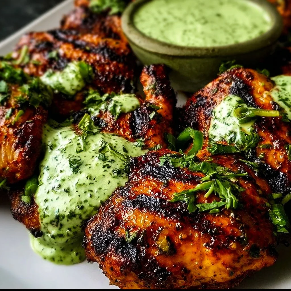 Peruvian grilled chicken served with creamy green sauce on a plate
