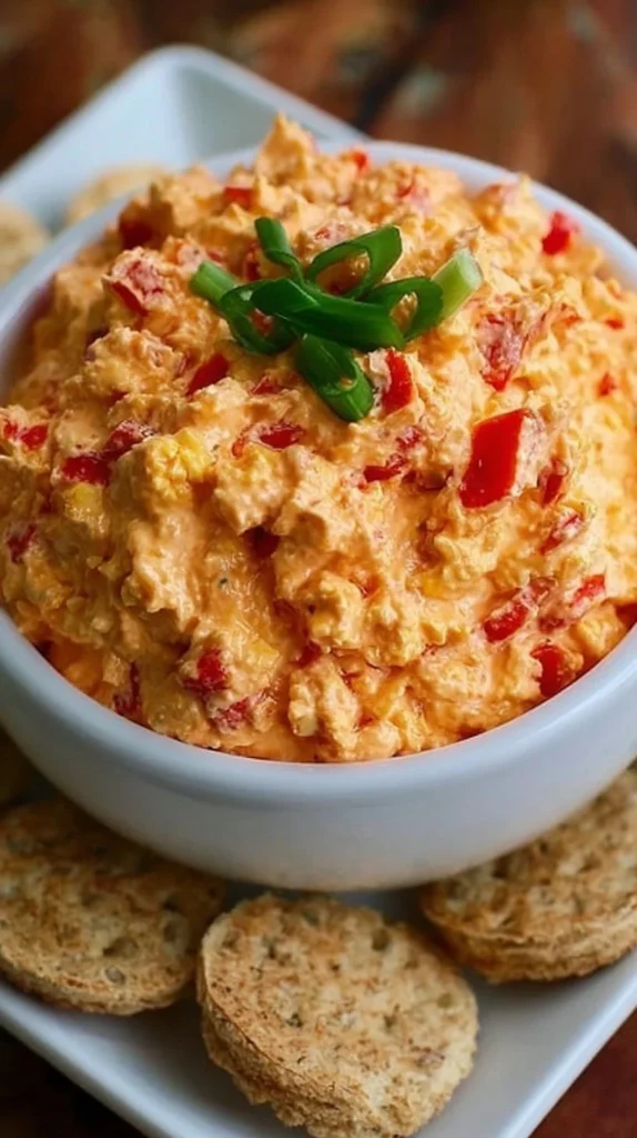 Delicious homemade pimento cheese spread on crackers with vegetables.