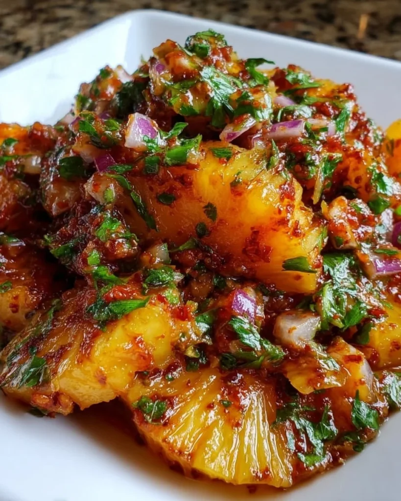 Bowl of vibrant Pineapple Chipotle Salsa with fresh ingredients