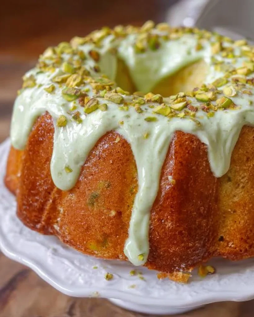 Delicious homemade Pistachio Bundt Cake with a green nutty glaze
