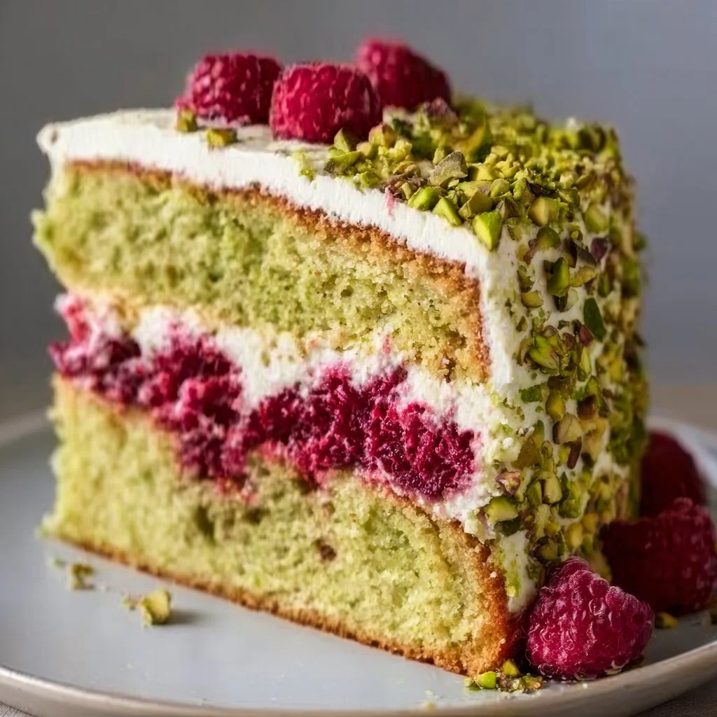 Pistachio Raspberry Cake showcasing colorful layers and garnishes