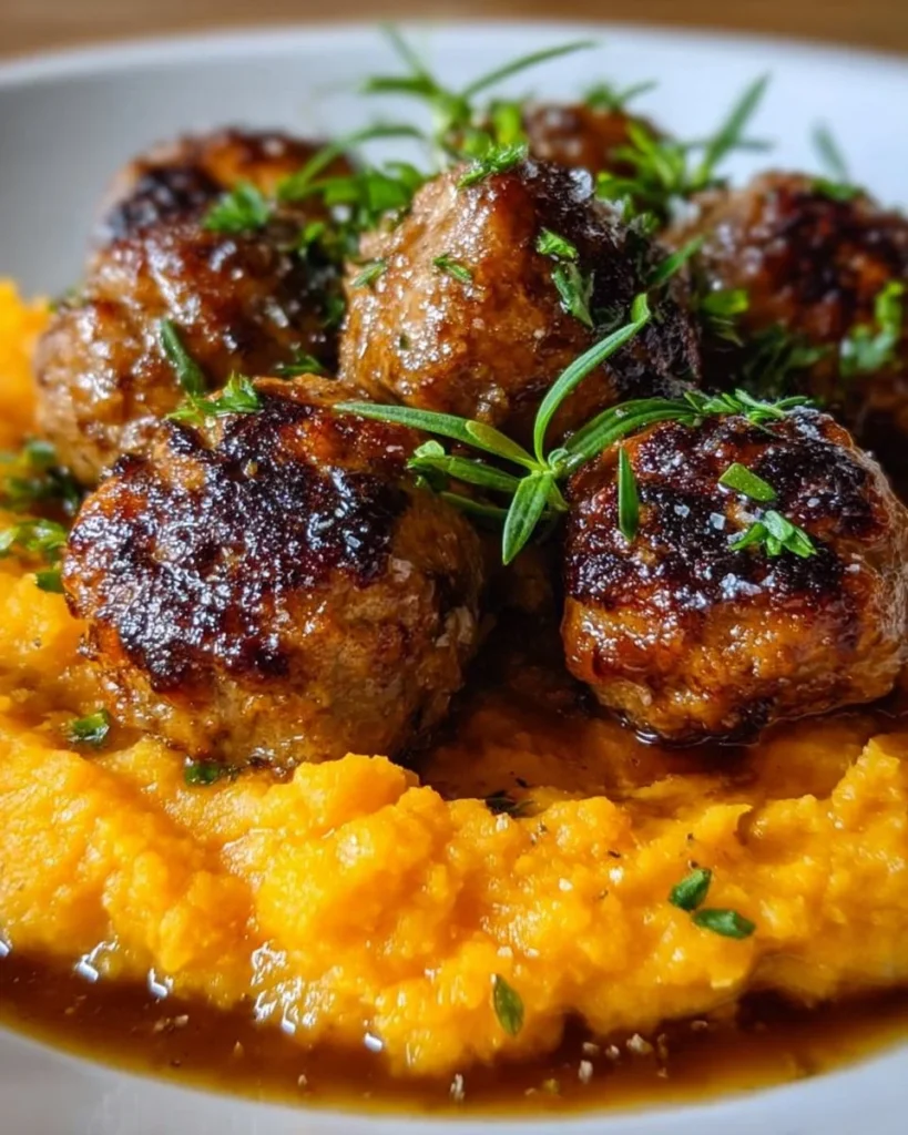 Pork meatballs served with sweet potato mash and bourbon-maple sauce