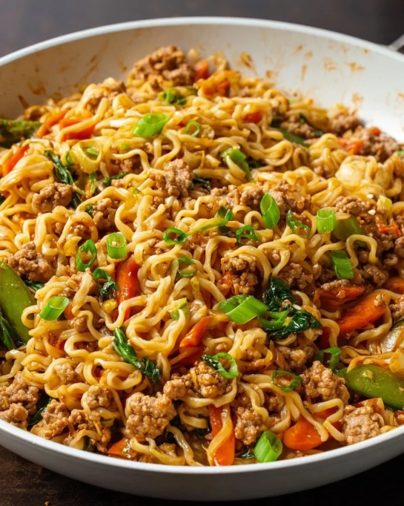 Delicious Pork Noodles Stir Fry with colorful vegetables and tender pork