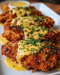 Pretzel-crusted chicken served with creamy mustard cheddar sauce