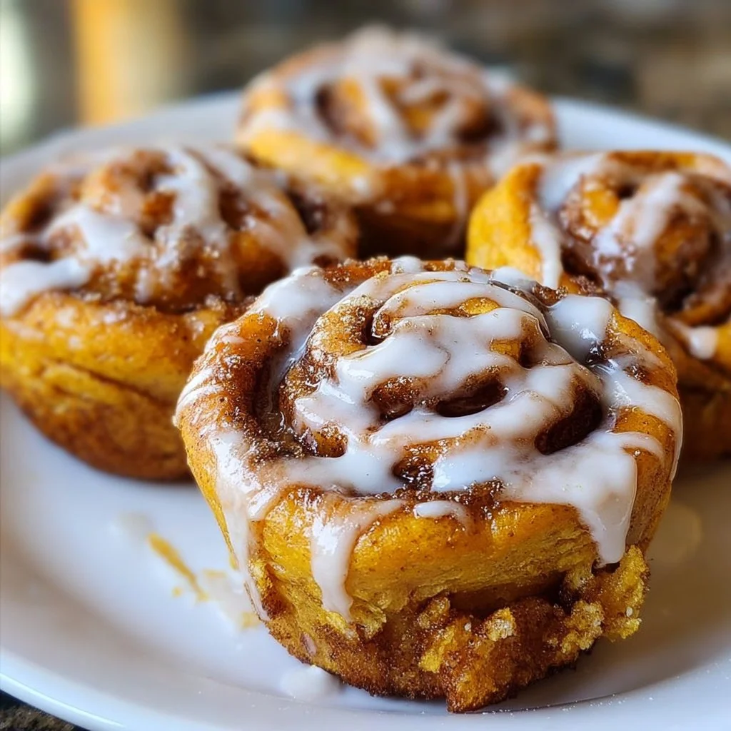 Pumpkin cinnamon roll muffins topped with frosting and spices