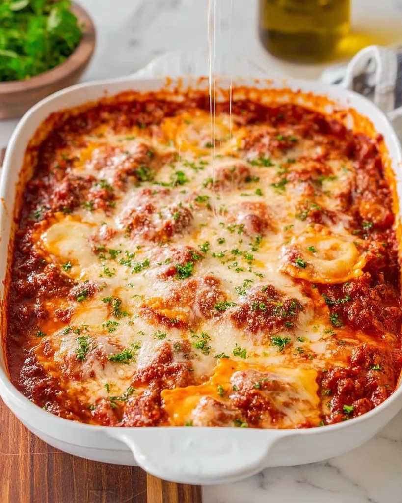 Delicious layers of ravioli lasagna topped with cheese and herbs