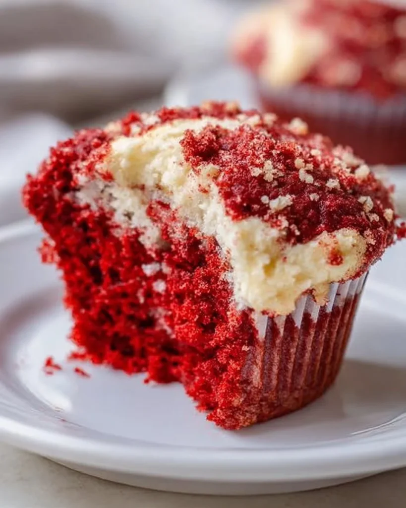 Delicious red velvet cream cheese swirl muffins on a marble countertop