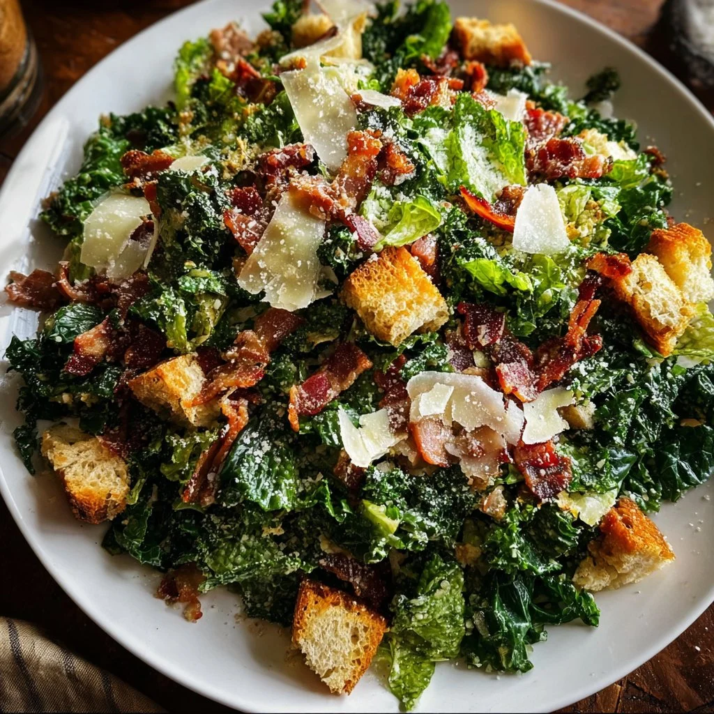 Roasted Garlic & Kale Caesar Salad topped with croutons and parmesan cheese.