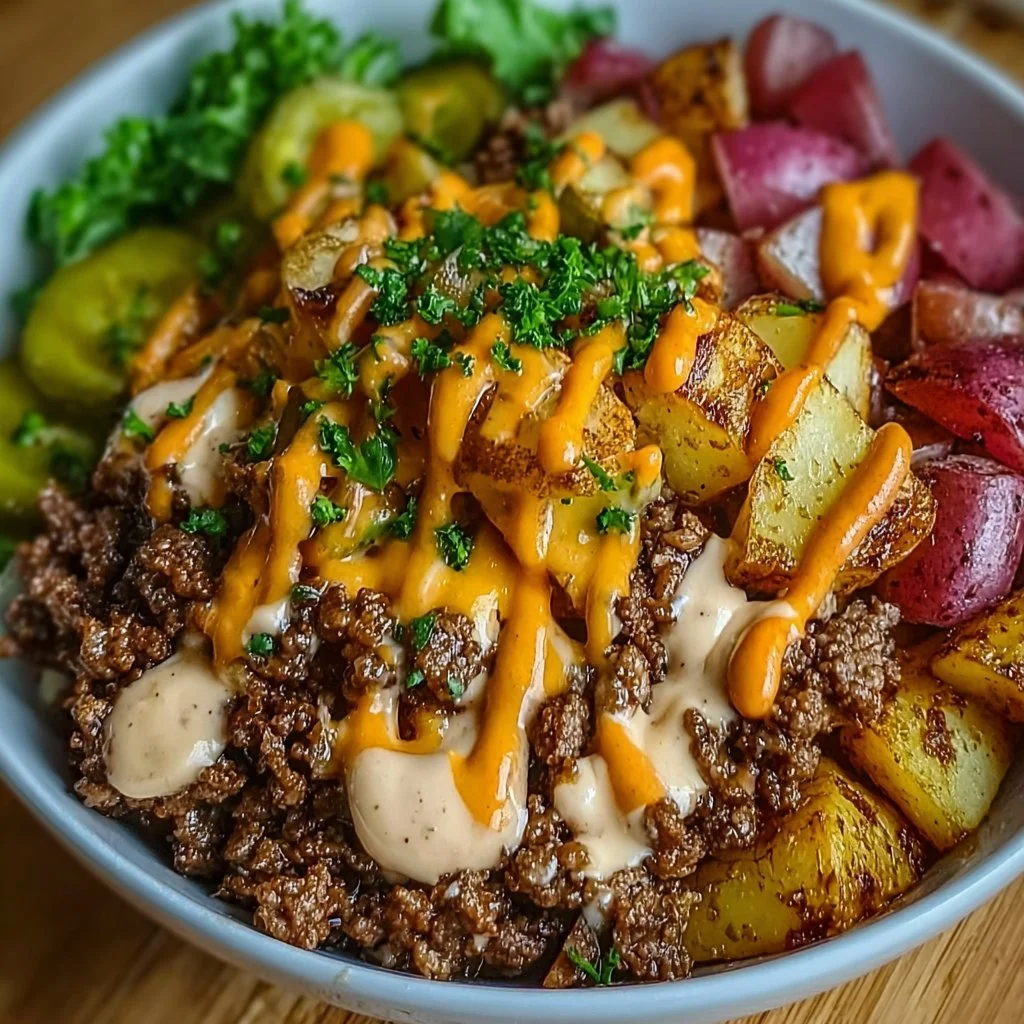 Deliciously healthy smash burger bowl filled with fresh ingredients