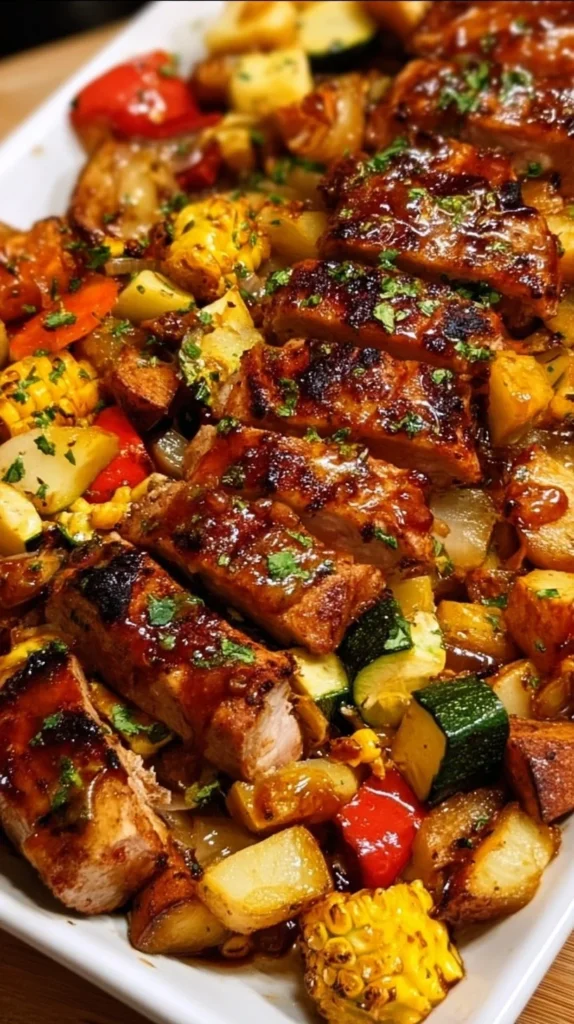 Sheet Pan BBQ Boneless Pork with colorful veggies ready to serve.