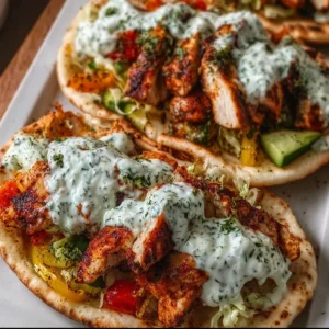 Sheet pan chicken pitas topped with herby ranch dressing and fresh veggies