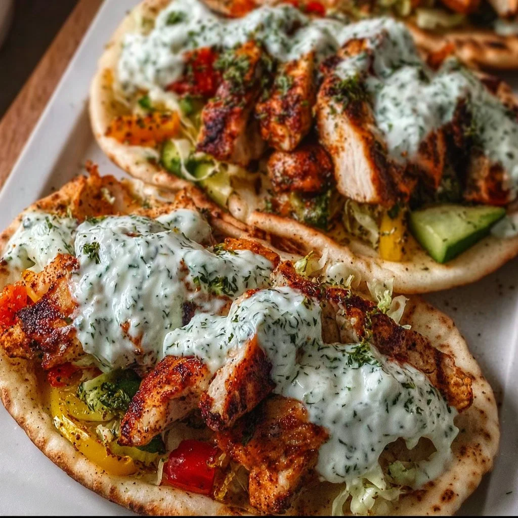 Sheet pan chicken pitas topped with herby ranch dressing and fresh veggies