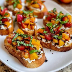 Simple peach bruschetta topped with whipped ricotta on rustic bread