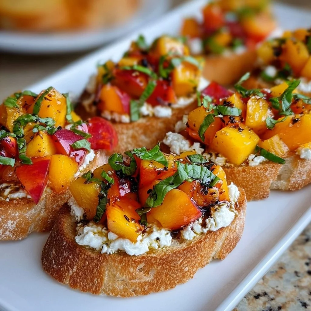 Delicious Peach Bruschetta topped with creamy whipped ricotta