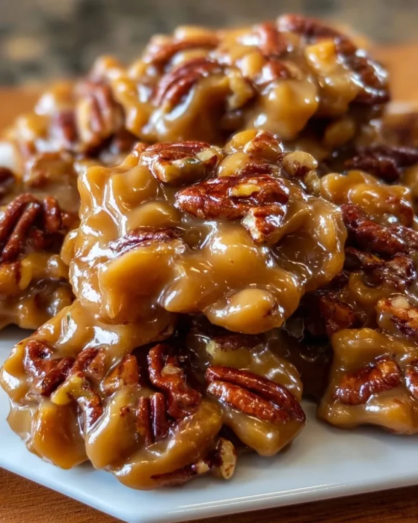 Delicious soft caramel pecan clusters with caramel drizzled on top