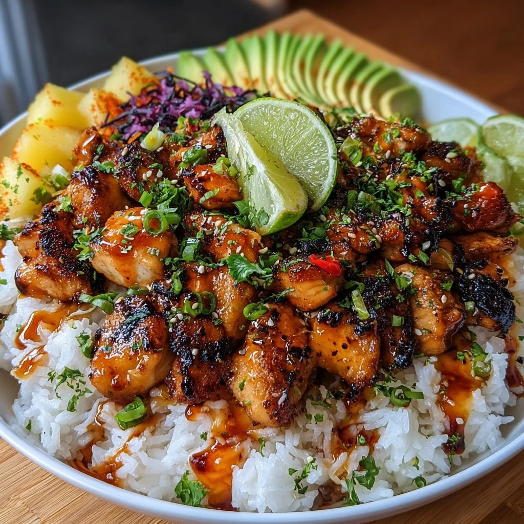Delicious Spicy Maple Chicken served with fluffy coconut rice on a plate