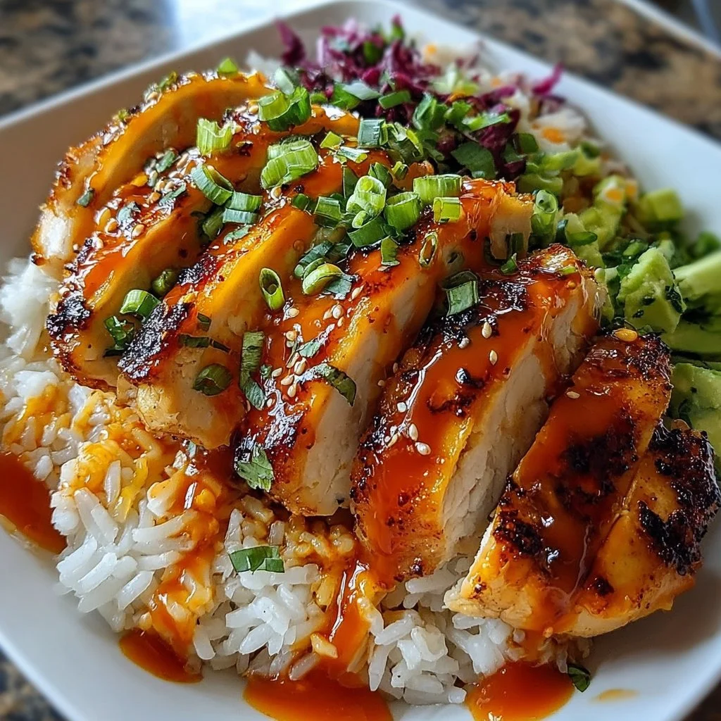 Dish of Spicy Maple Chicken served with coconut rice on a plate.