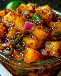 Spicy pineapple jalapeño chutney in a glass jar with fresh ingredients