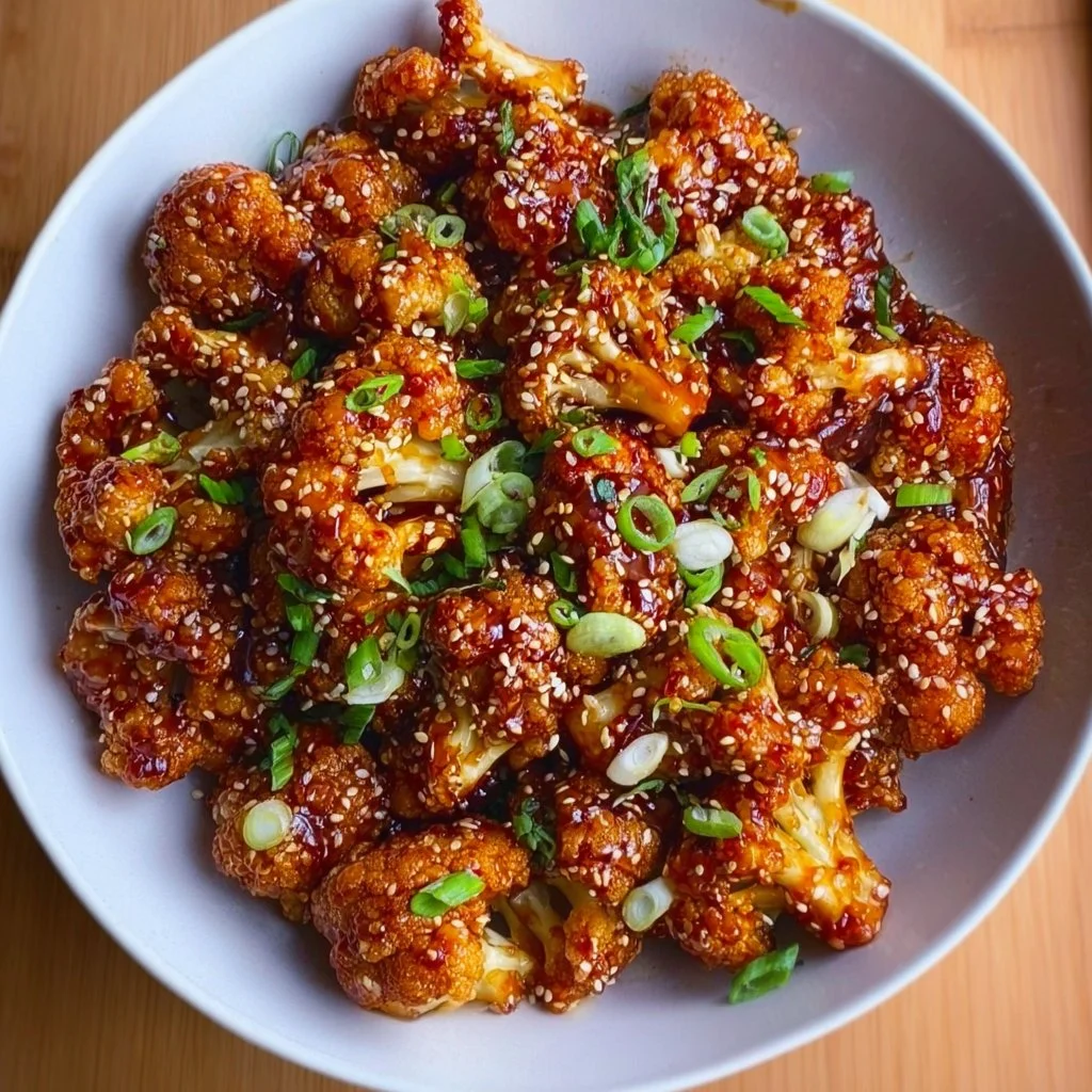 Sticky Sesame Cauliflower dish garnished with sesame seeds and green onions