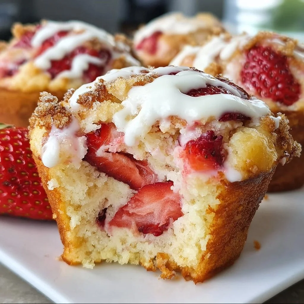 Freshly baked strawberry cream cheese muffins on a rustic wooden table