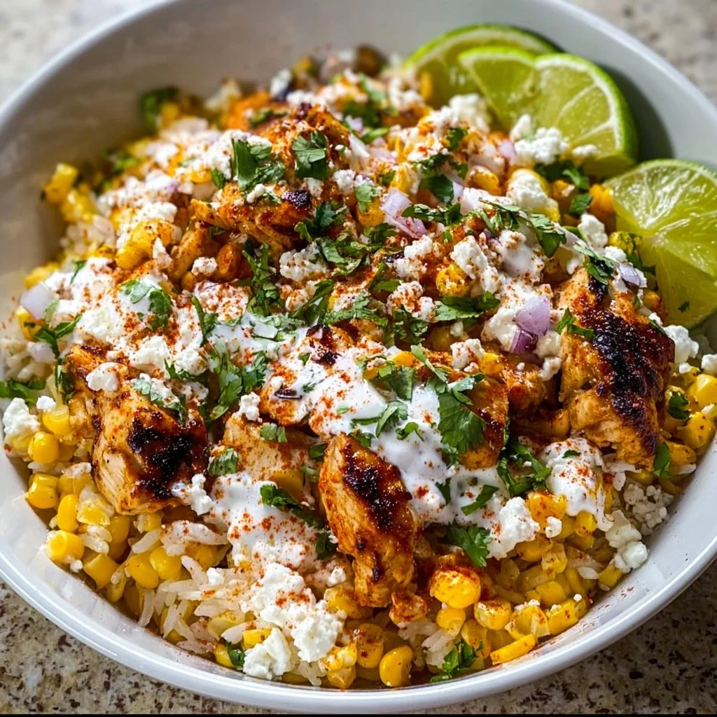 Delicious Street Corn Chicken Rice Bowl with fresh ingredients and vibrant flavors.