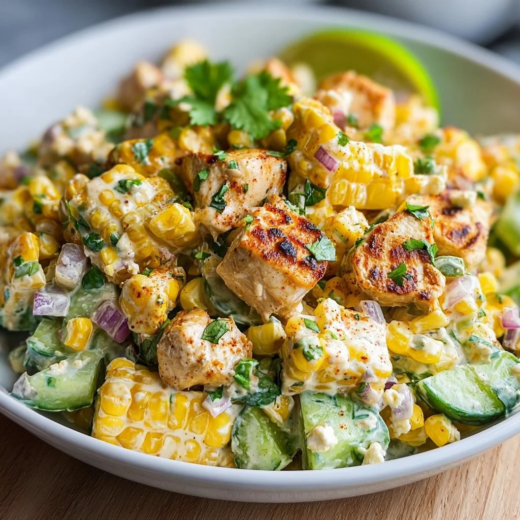 Street corn creamy cucumber chicken salad recipe with fresh ingredients