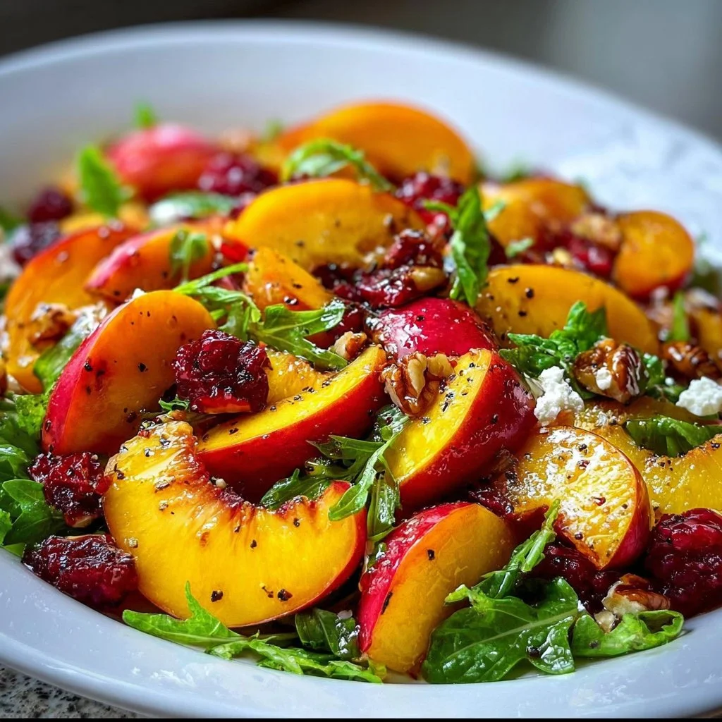 Fresh summer peach salad with greens and nuts served in a bowl