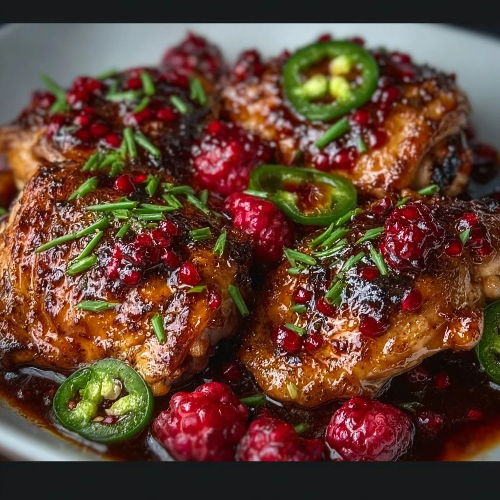 Plate of sweet and spicy jalapeno raspberry chicken garnished with fresh herbs