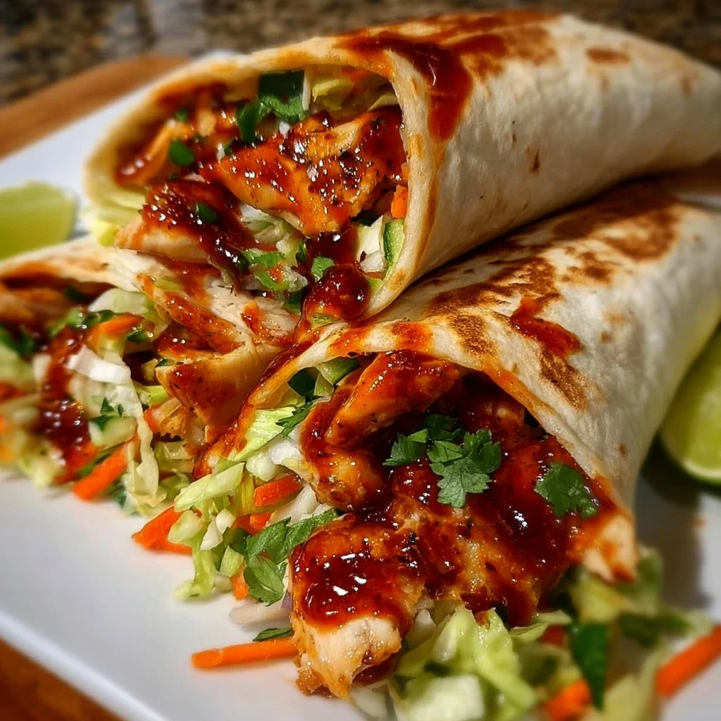 Sweet chili chicken wraps served on a plate with fresh ingredients