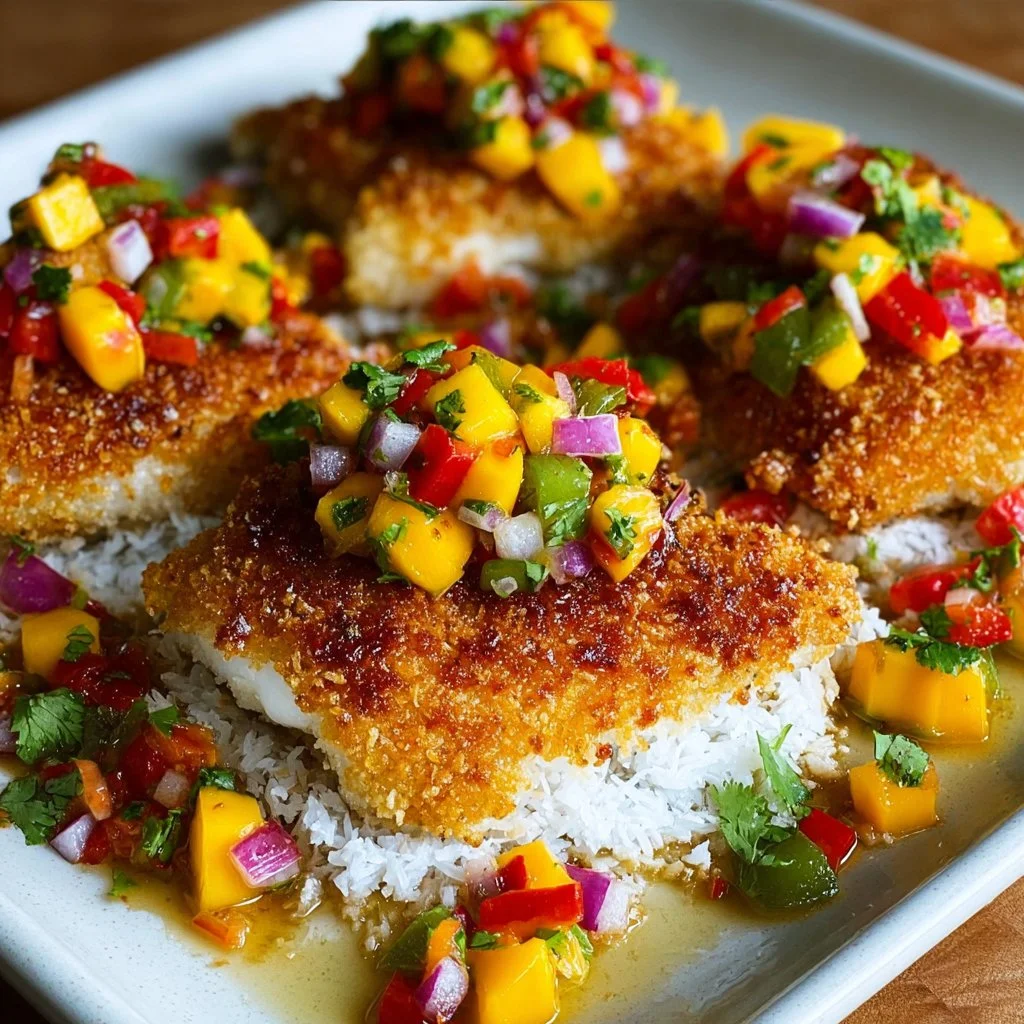 Tropical coconut crusted fish served with vibrant mango salsa.
