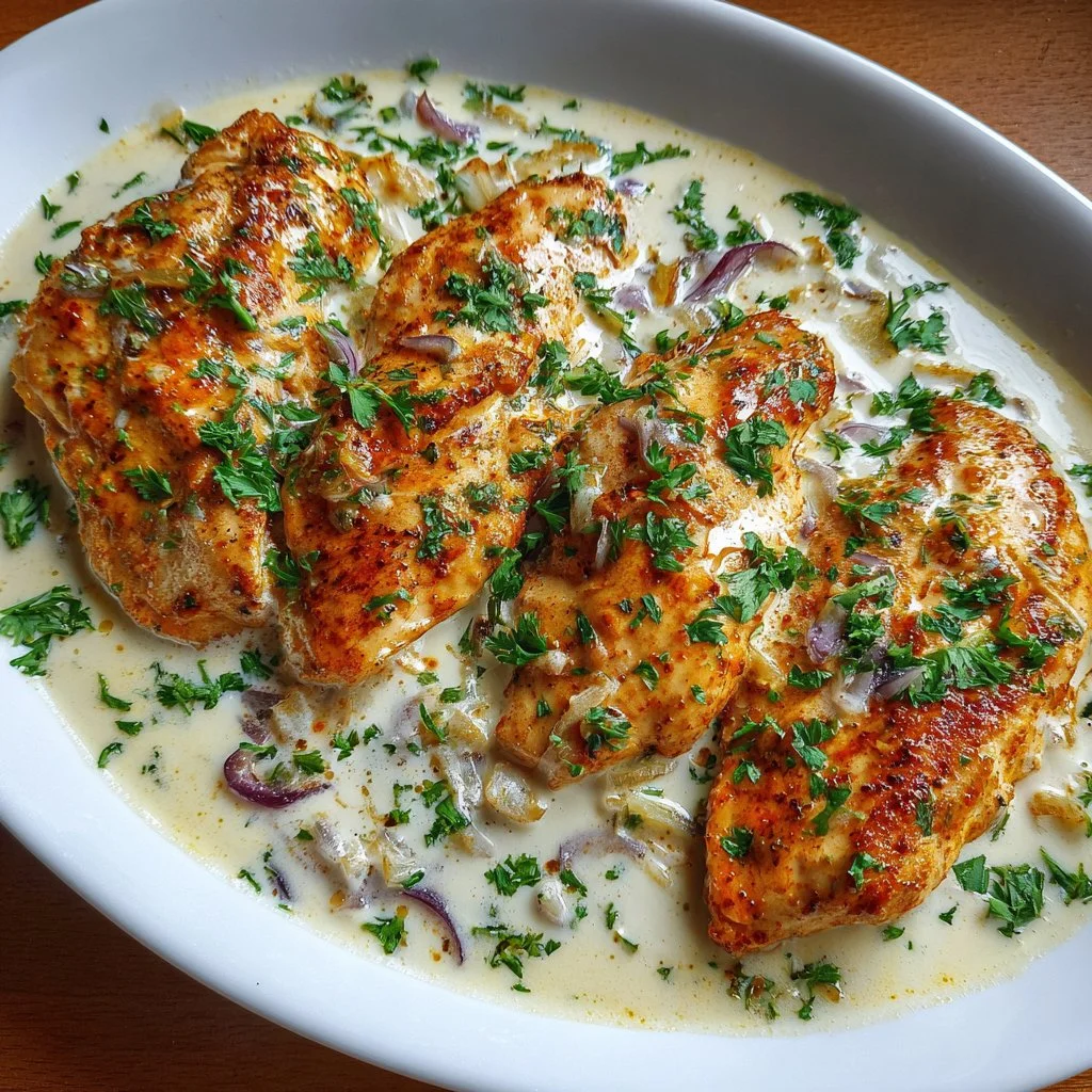 Plate of Turkish Chicken with Creamy White Sauce, garnished for flavor excellence