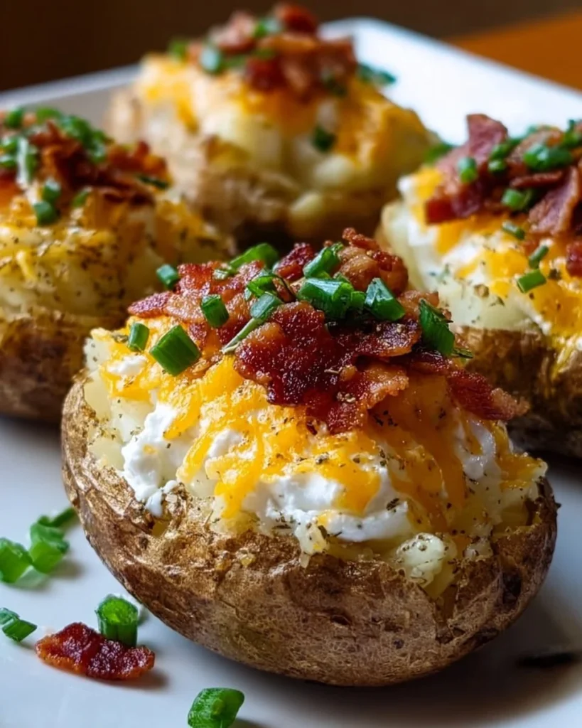 Twice baked loaded breakfast potatoes topped with cheese, bacon, and green onions.
