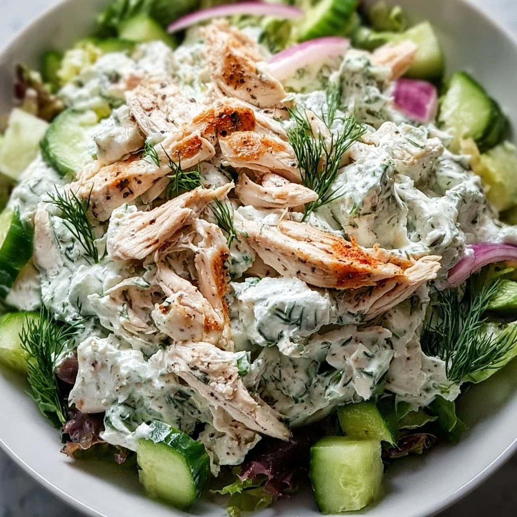 Delicious Tzatziki Chicken Salad served in a bowl with fresh vegetables.