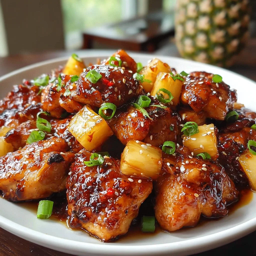 Delicious brown sugar pineapple chicken served on a plate