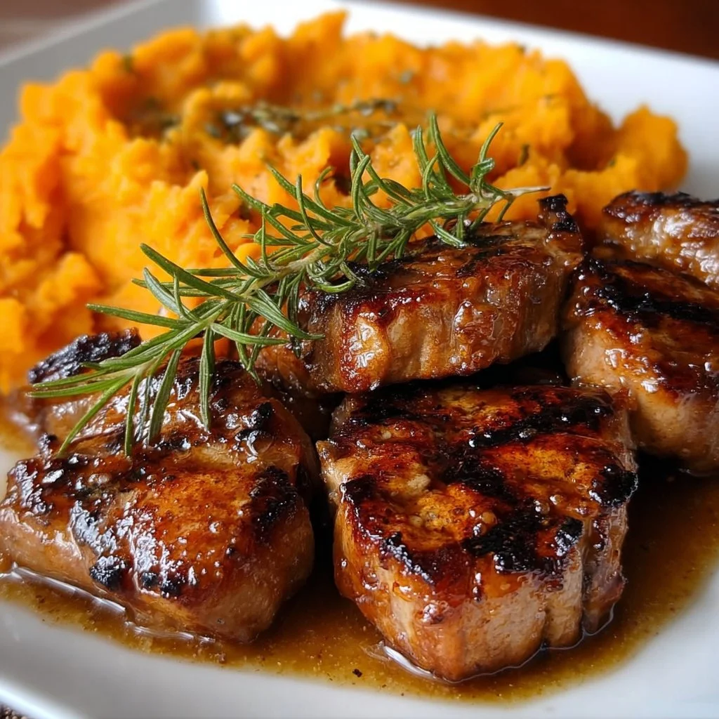 Apple Cider Pork served with mashed sweet potatoes on a plate