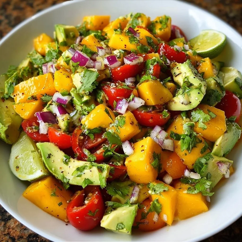 Avocado Mango Salad topped with zesty lime dressing on a white plate.