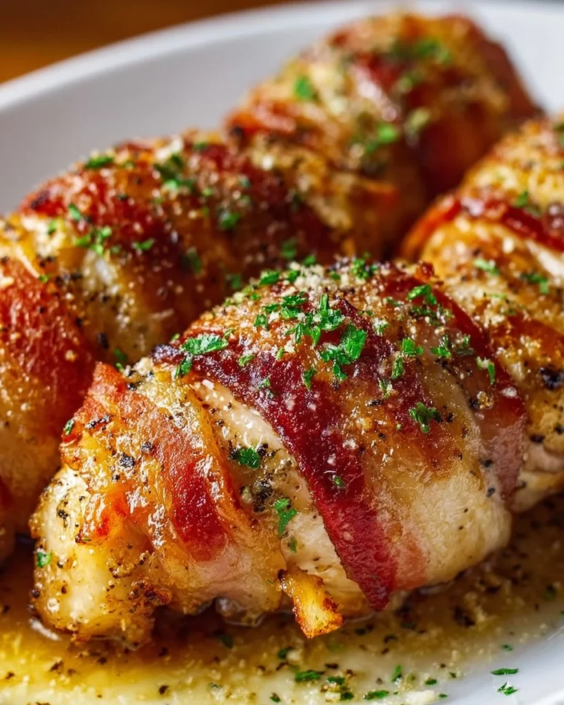 Bacon Wrapped Garlic Parmesan Chicken served on a plate with herbs