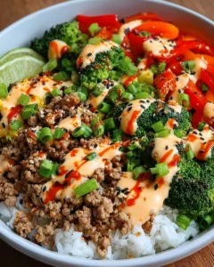 Bang Bang Ground Turkey Rice Bowls with colorful vegetables and sauce