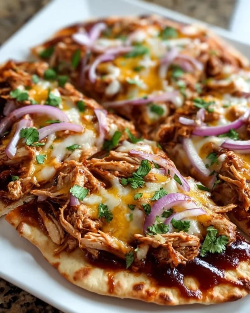 BBQ Chicken Flatbread topped with fresh ingredients and barbecue sauce