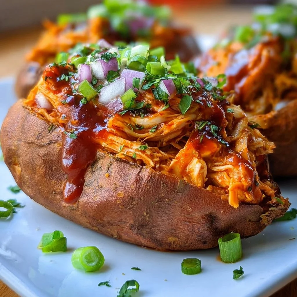 BBQ chicken stuffed sweet potatoes with garnish, served in a bowl.